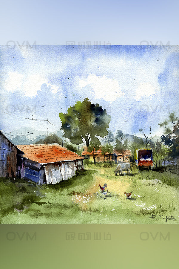  Indian Village scenery watercolour painting
